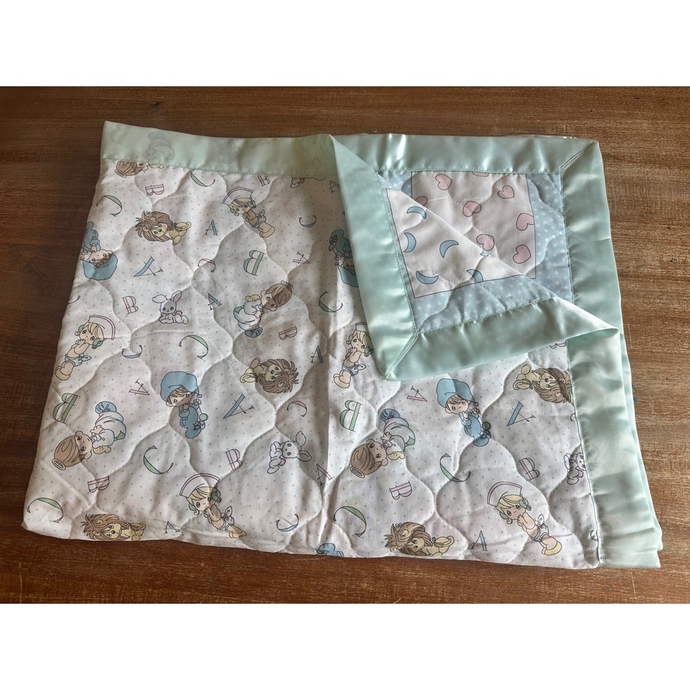 Precious Moments Alphabet Animal Quilted Baby Blanket Blue Satin Trim Reversible - Picture 5 of 7